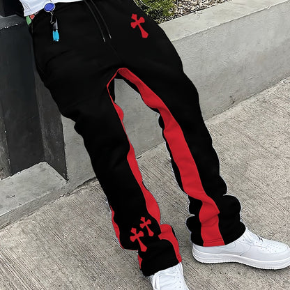 Pantalones Acampanados Negros para Hombre – Pantalones de Calle con Estampado de Cruz y Raya Roja