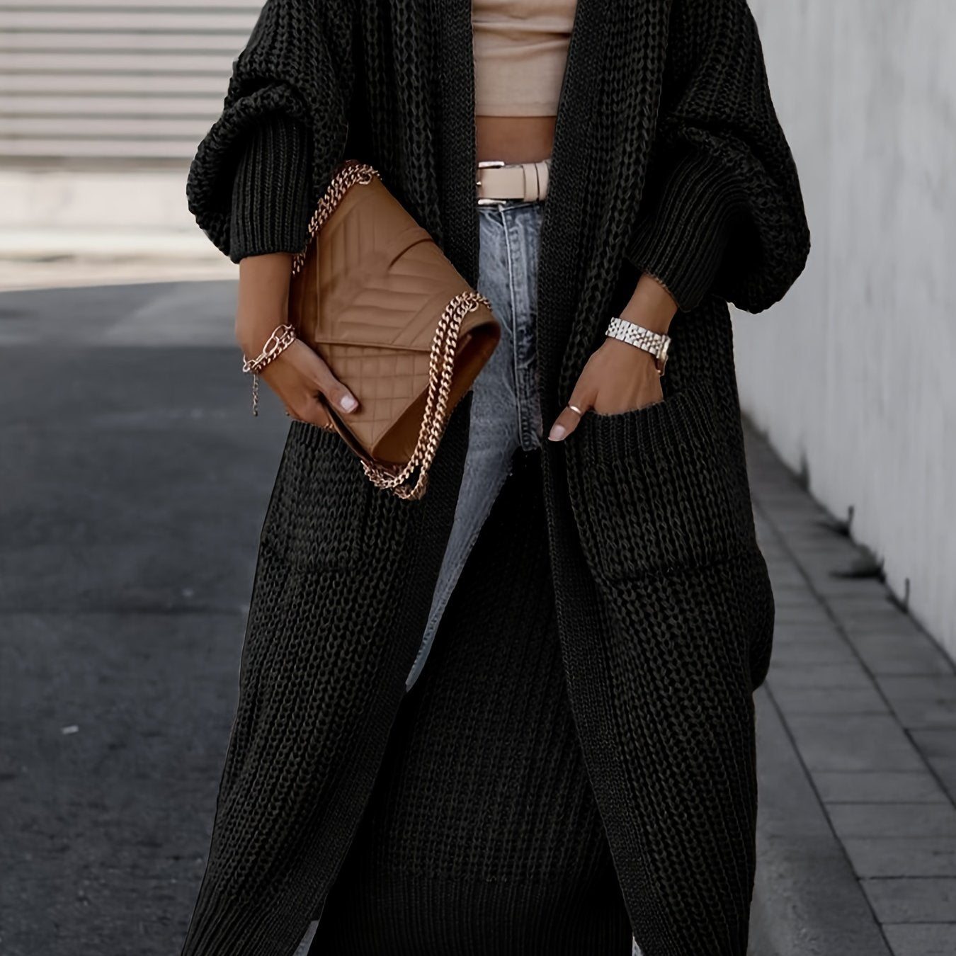 Elegante cárdigan acanalado con cuello en V profundo – Suéter de punto de otoño/invierno para mujer