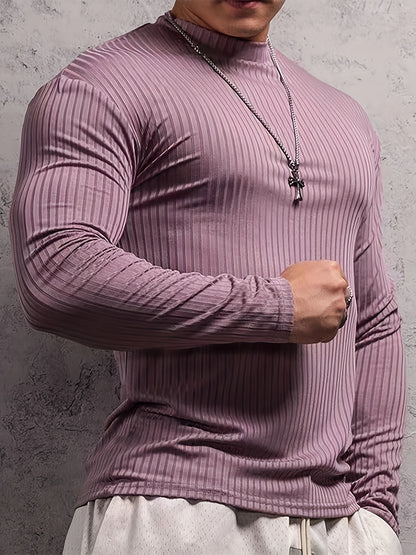 Camiseta de manga larga ajustada acanalada para hombre – Camiseta deportiva con cuello alto