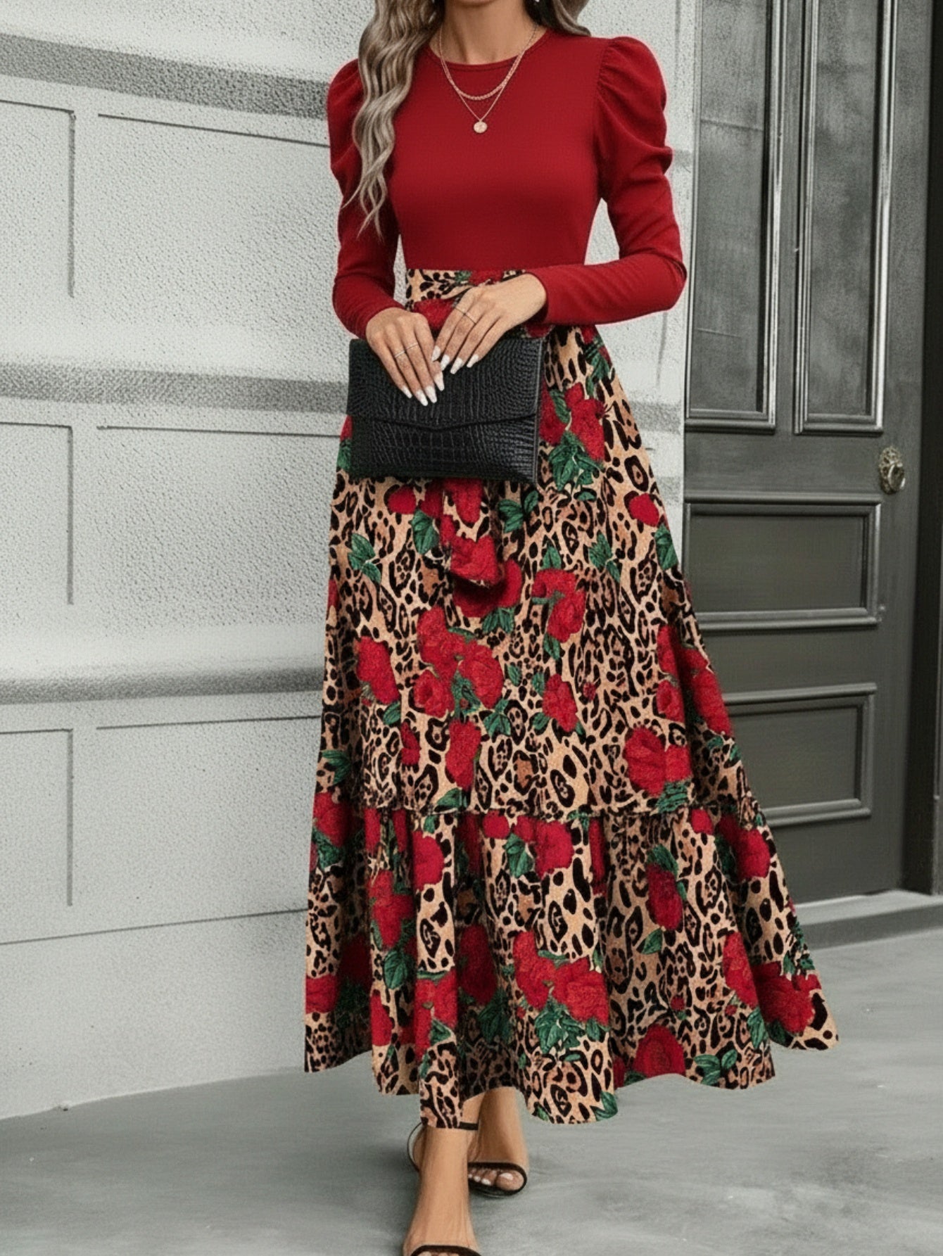 Vestido con estampado de leopardo y retazos con lazo en la cintura – Vestido entallado de manga larga elegante