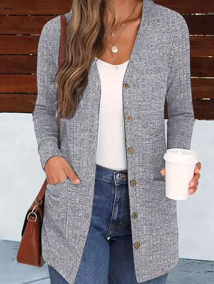 Cárdigan elegante con cuello de pico para mujer – Suéter acogedor de otoño con botones