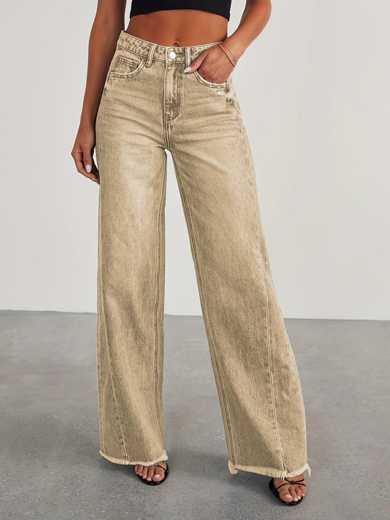 Pantalones vaqueros de mujer de talle alto y pernera ancha – Vaqueros elásticos informales holgados