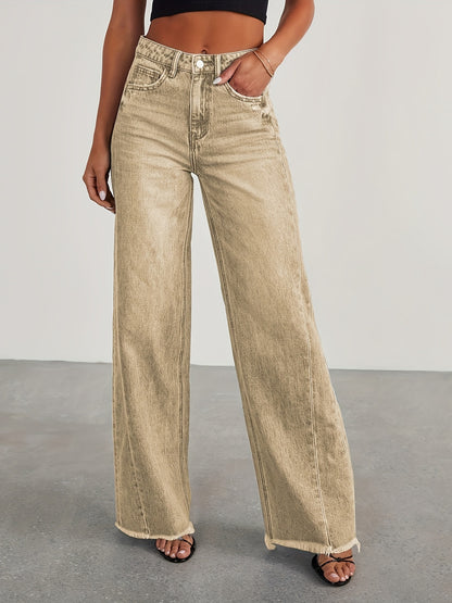 Pantalones vaqueros de mujer de talle alto y pernera ancha – Vaqueros elásticos informales holgados