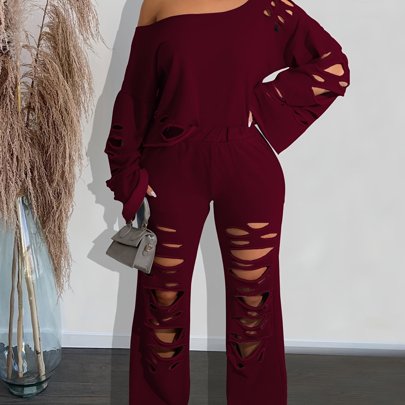 Ensemble 2 pièces femme épaules dénudées délavé – Haut manches longues et pantalon déchiré
