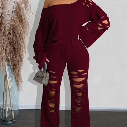 Ensemble 2 pièces femme épaules dénudées délavé – Haut manches longues et pantalon déchiré