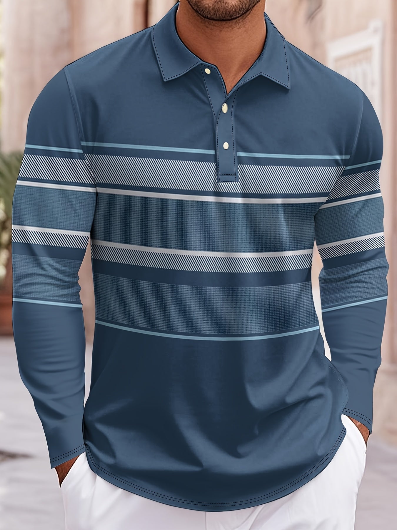 Polo de manga larga a rayas azules y blancas para hombre – Estilo casual y preppy