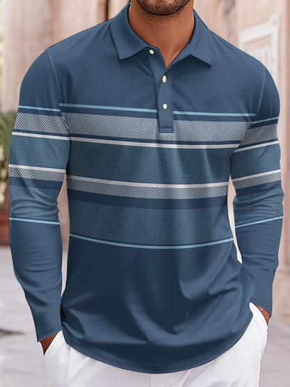 Polo de manga larga a rayas azules y blancas para hombre – Estilo casual y preppy