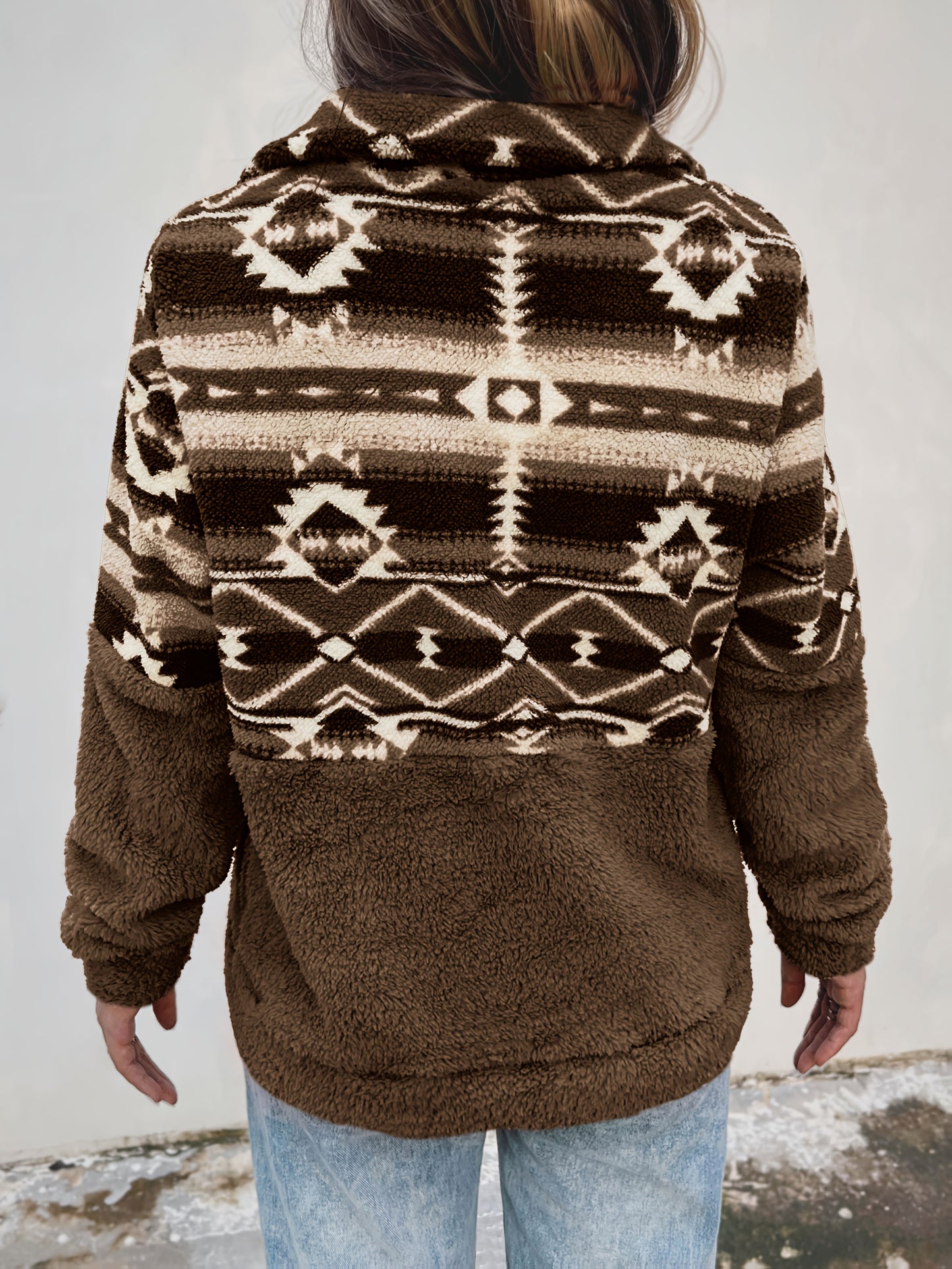 Sudadera de felpa con patrón geométrico Geo – Forro polar con media cremallera para otoño e invierno