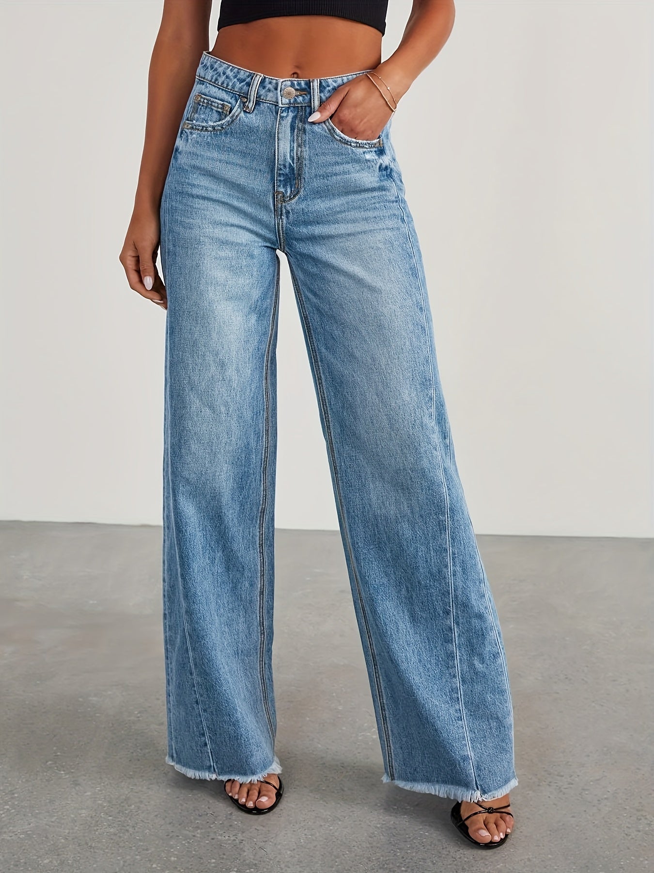 Pantalones vaqueros de mujer de talle alto y pernera ancha – Vaqueros elásticos informales holgados