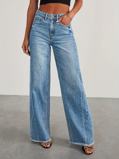 Pantalones vaqueros de mujer de talle alto y pernera ancha – Vaqueros elásticos informales holgados