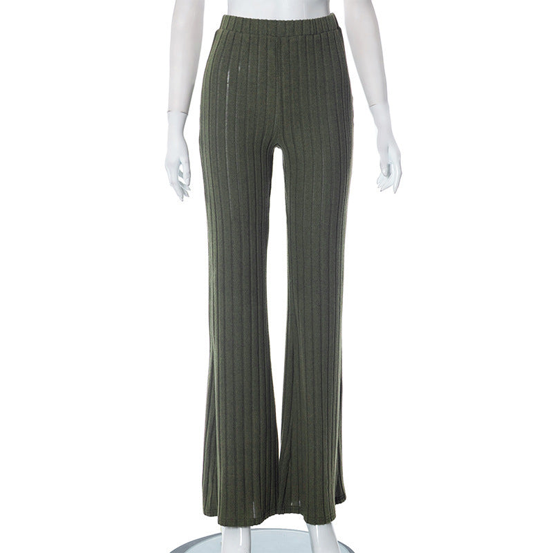 Pantalon large taille haute tendance Loom & Soul pour femme – en polyester léger avec surpiqûres (vert, gris, kaki)