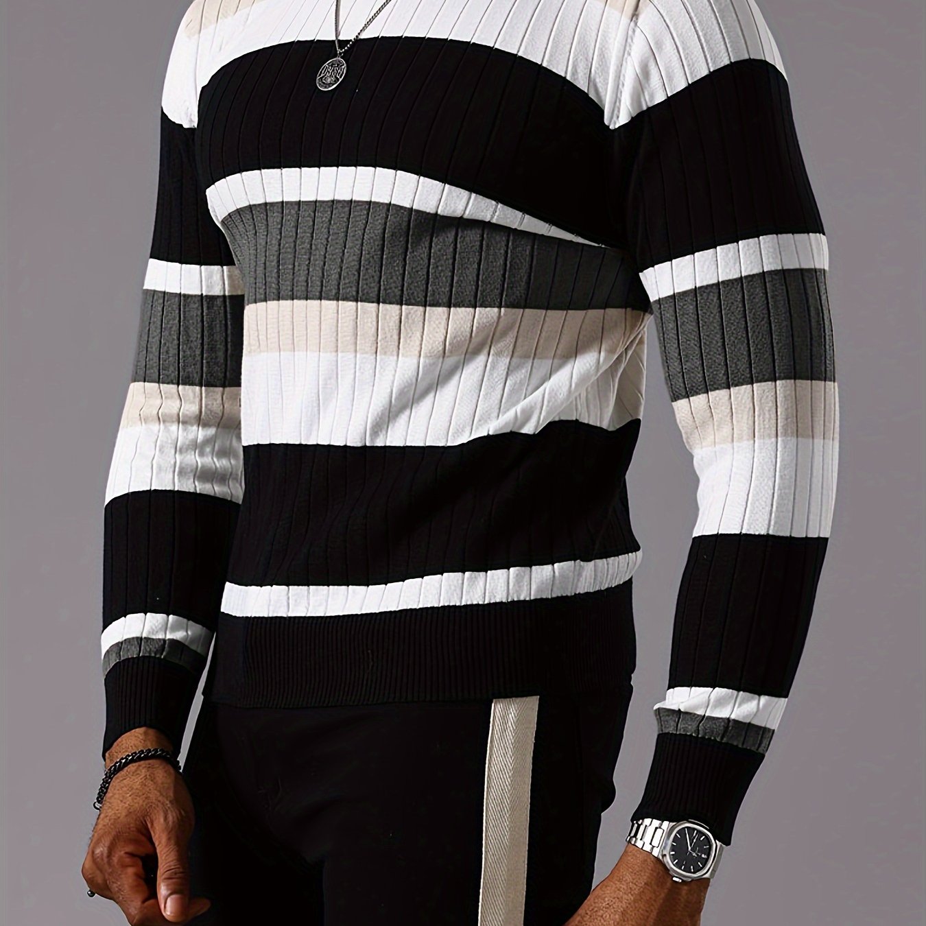 Pull rayé en tricot côtelé pour homme – Pull Color Block Automne Hiver