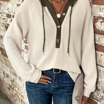 Sudadera informal con capucha y cordón con botones y bloques de color para mujer