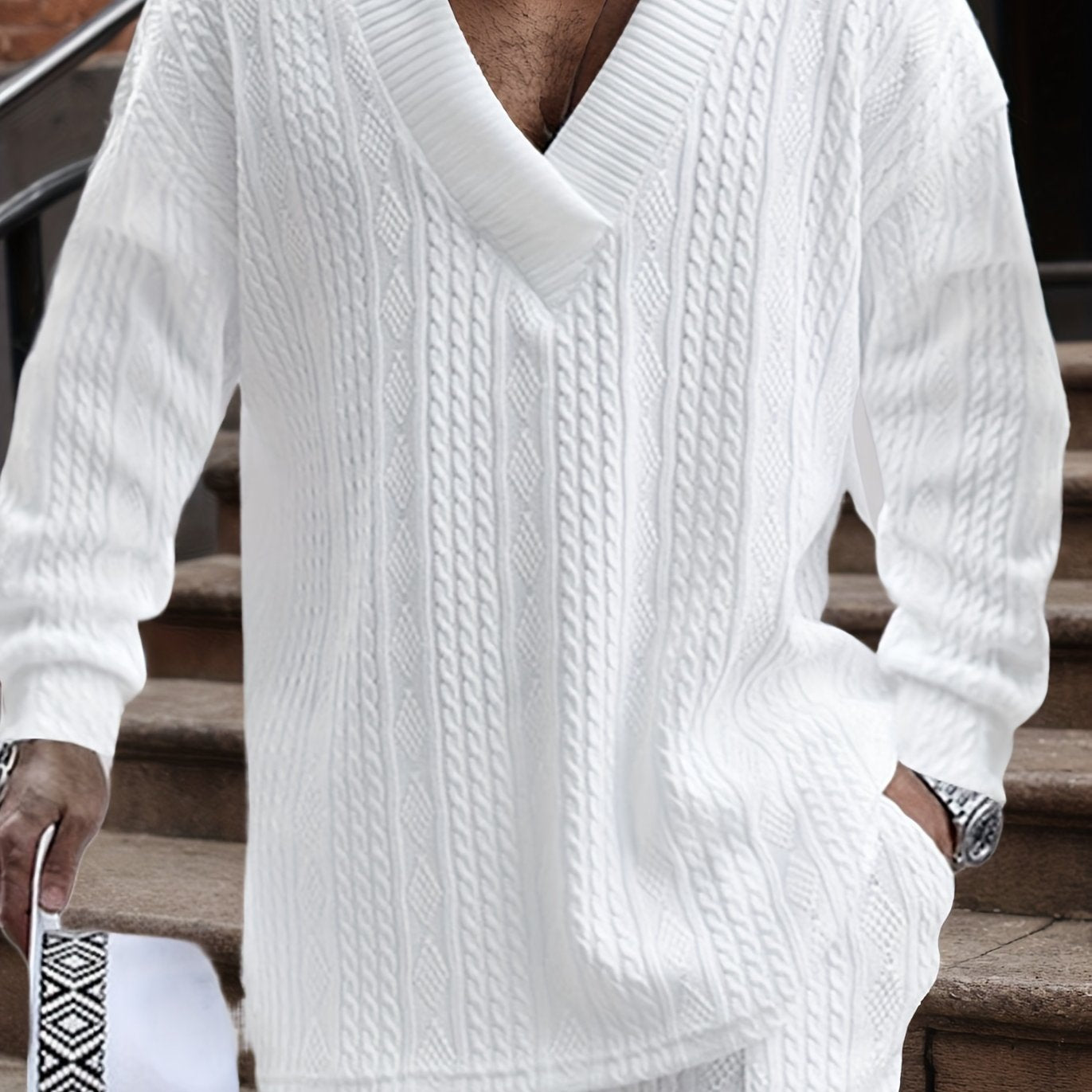 Suéter de punto con cuello en V para hombre – Jersey casual de jacquard acanalado