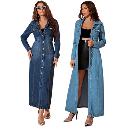 Women’s Denim Button-Front Cardigan Dress – Long Sleeve Street Fit