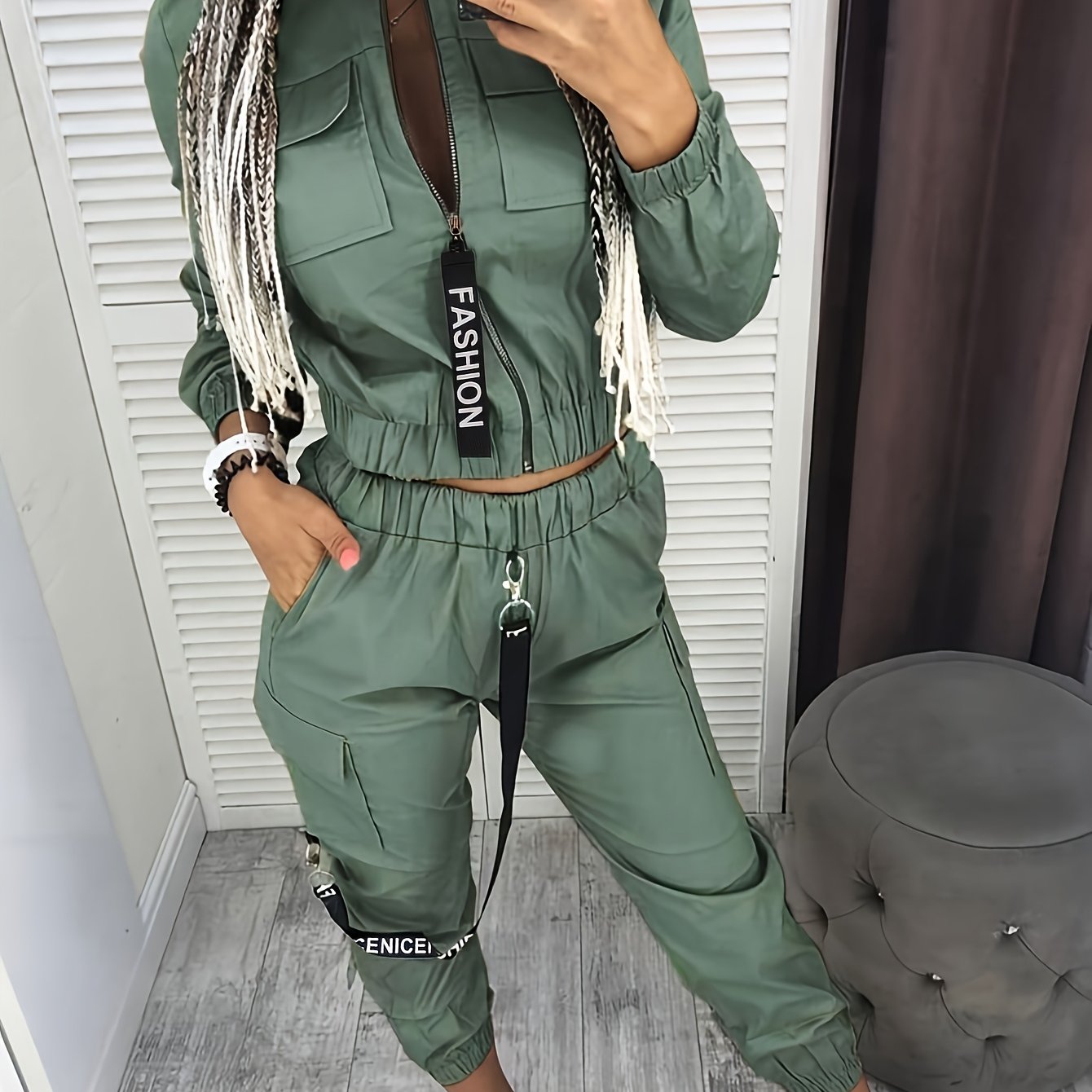 Conjunto de dos piezas con cremallera y diseño direccional – Ropa urbana informal para mujer