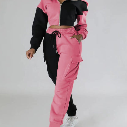Colorblock Hooded Jacket & Cargo Pants Set – Women’s Zip-Up Two-Piece