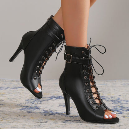 Loom & Soul™ Tacones altos con punta abierta – Sandalias de mujer con cordones, hebilla y cremallera trasera