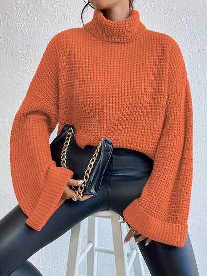 Pull gaufré col montant et épaules tombantes pour femme – Maille bleu vif