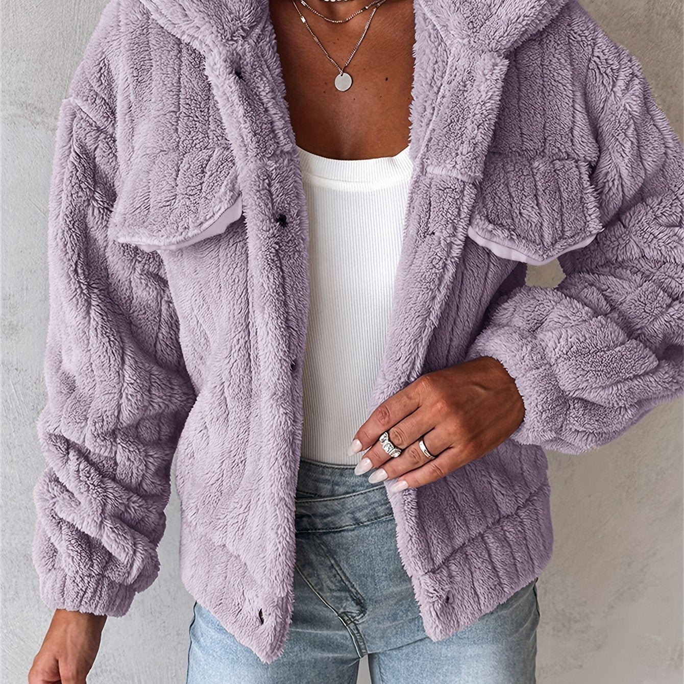 Women’s Soft Pink Plush Jacket – Button-Up Lapel Winter Cozy Outerwear