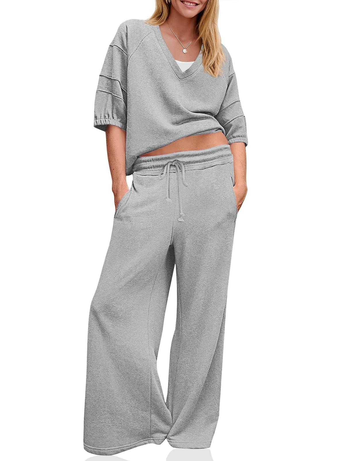 Women’s Relaxed V-Neck Set – Wide Leg Lounge & Travel Outfit