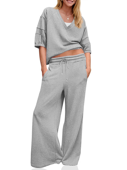 Women’s Relaxed V-Neck Set – Wide Leg Lounge & Travel Outfit
