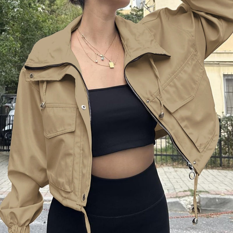 Chaqueta Trench Corta con Cremallera para Mujer – Estilo Urbano de Color Liso