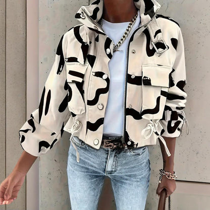 Chaqueta Corta Casual para Mujer con Cuello Alto, Botones y Cremallera