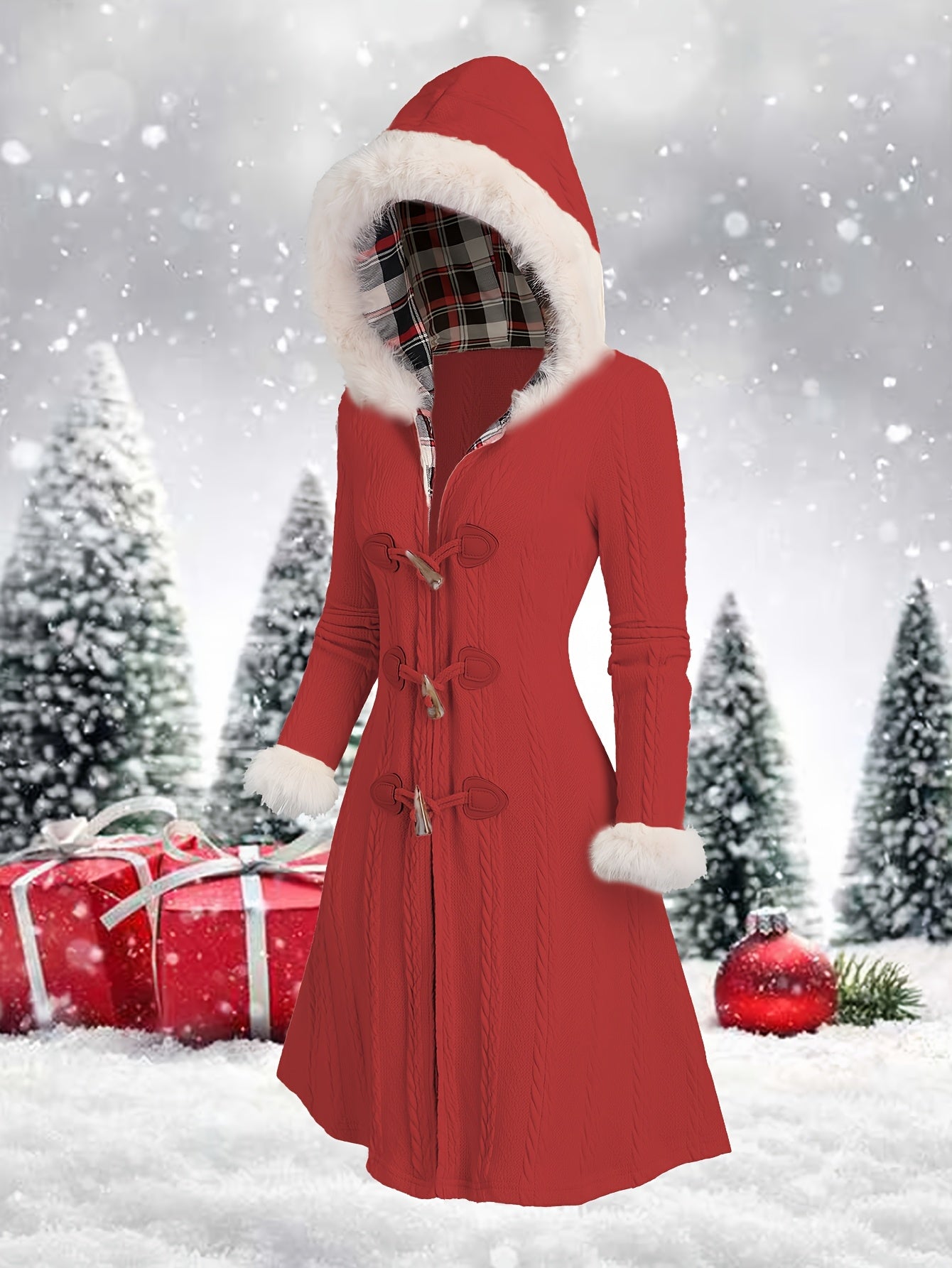 Abrigo con capucha de cuadros Y2K para mujer – Chaqueta larga de invierno con retazos rojos y blancos