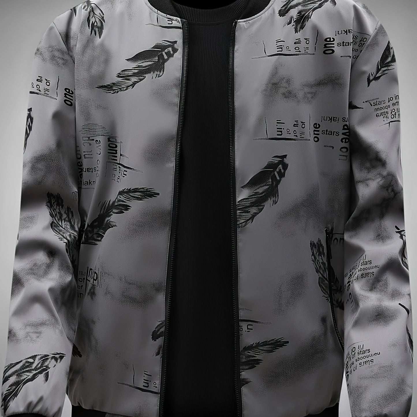 Men’s Feather Print Track Jacket – Zip-Up Baseball Collar Street Coat