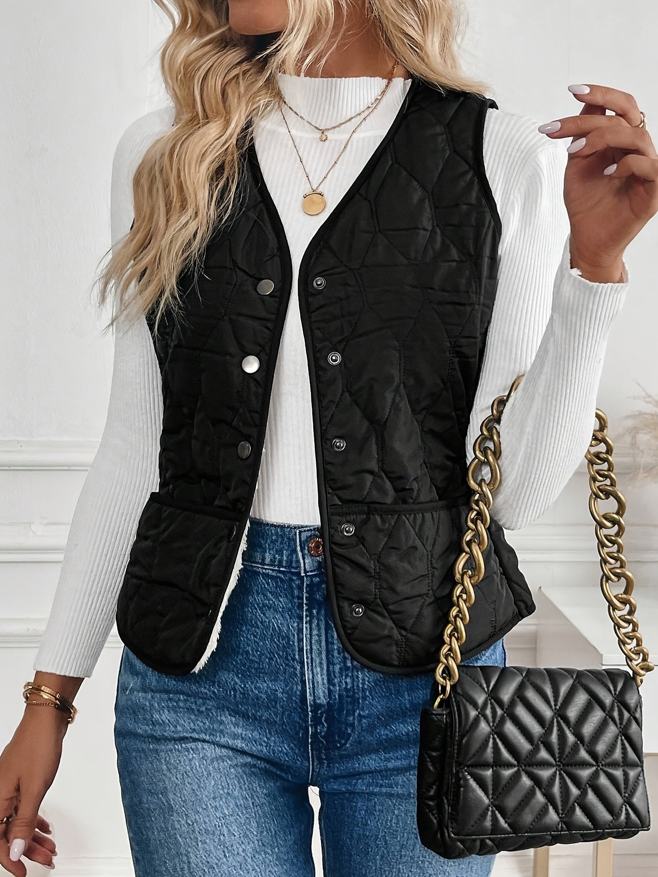 Gilet d'hiver zippé doublé chaud pour femme – Vêtement d'extérieur doux à col en V
