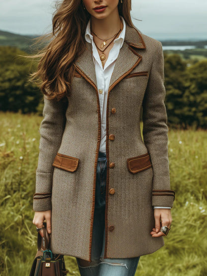 Brown Herringbone Coat – Mid-Length Belted Elegant Jacket