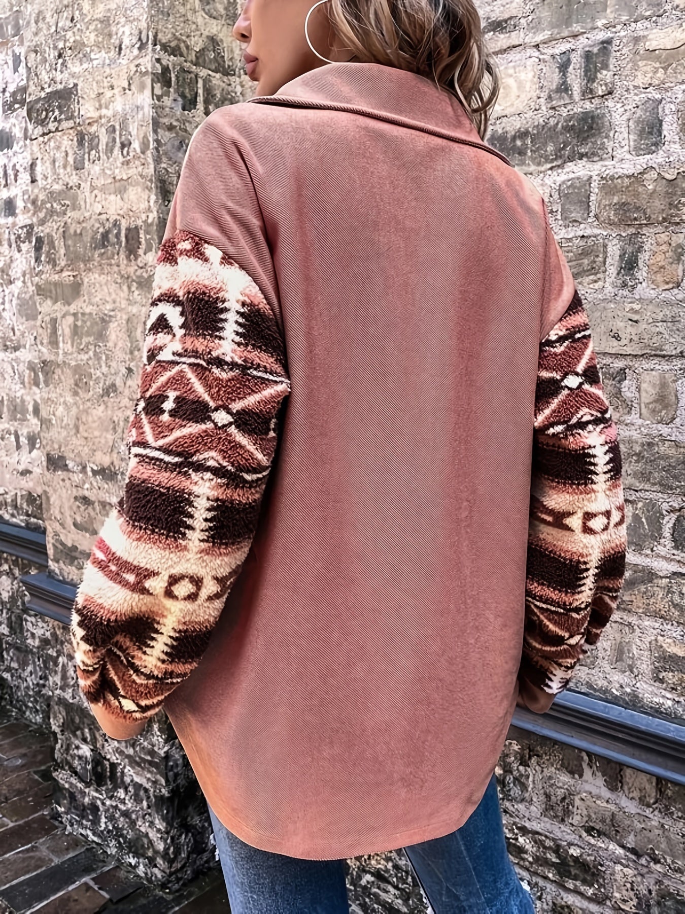 Chaqueta polar geométrica para mujer – Abrigo de invierno cálido con bloques de color