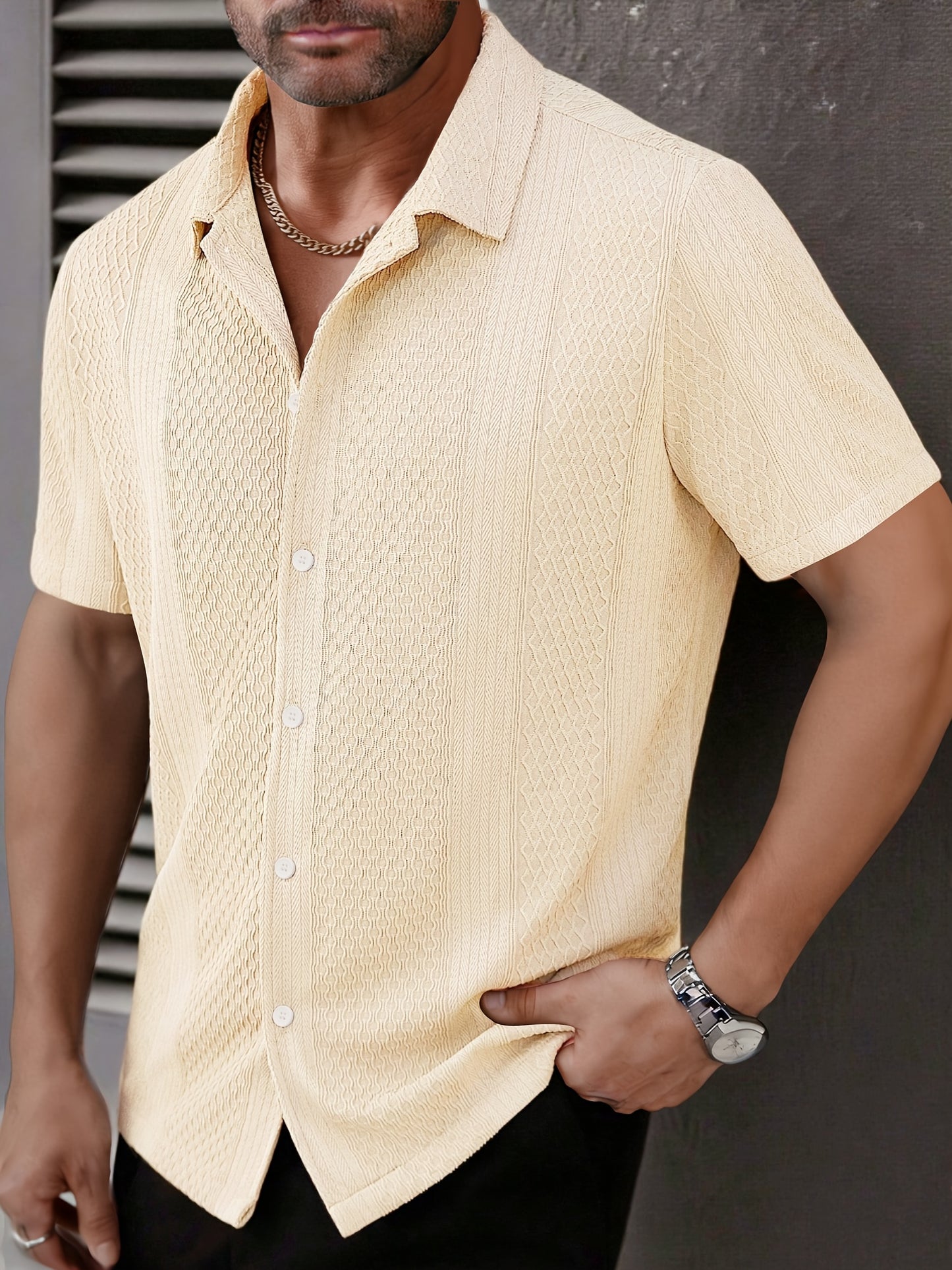 Camisa de manga corta de jacquard para hombre - Abotonada informal de verano