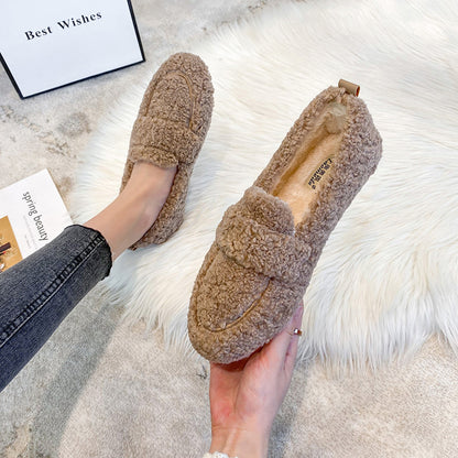 Mocasines planos de felpa de invierno Loom & Soul para mujer – Mocasines de lana de cordero cálidos sin cordones con forro suave y tacón plano