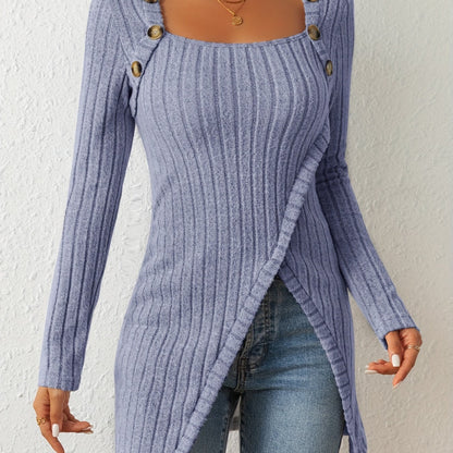 Camiseta de punto entallada para mujer – Top de manga larga con cuello cuadrado