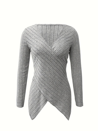 Blusa Elegante de Mujer con Cuello en V – Camiseta de Punto Elástico con Detalle Cruzado