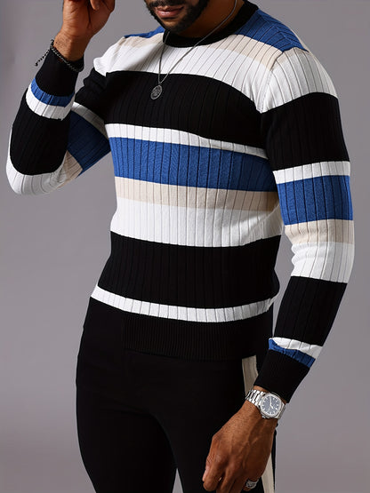 Pull rayé en tricot côtelé pour homme – Pull Color Block Automne Hiver