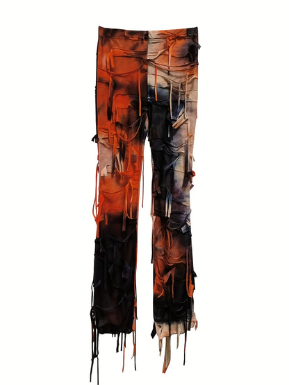 Tie-Dye Mesh Flare Pants – High-Waisted Fringe Detail Semi-Sheer Trousers