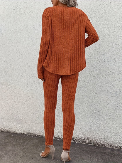 Ribbed Slim Fit Suit – Women’s V-Neck Long Sleeve Top & Pants Set