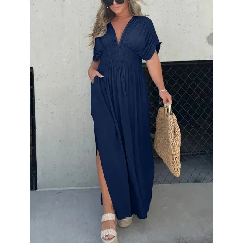 Robe longue fendue à col en V Loom & Soul™ pour femme – Robe longue d'été à manches courtes et taille élastique