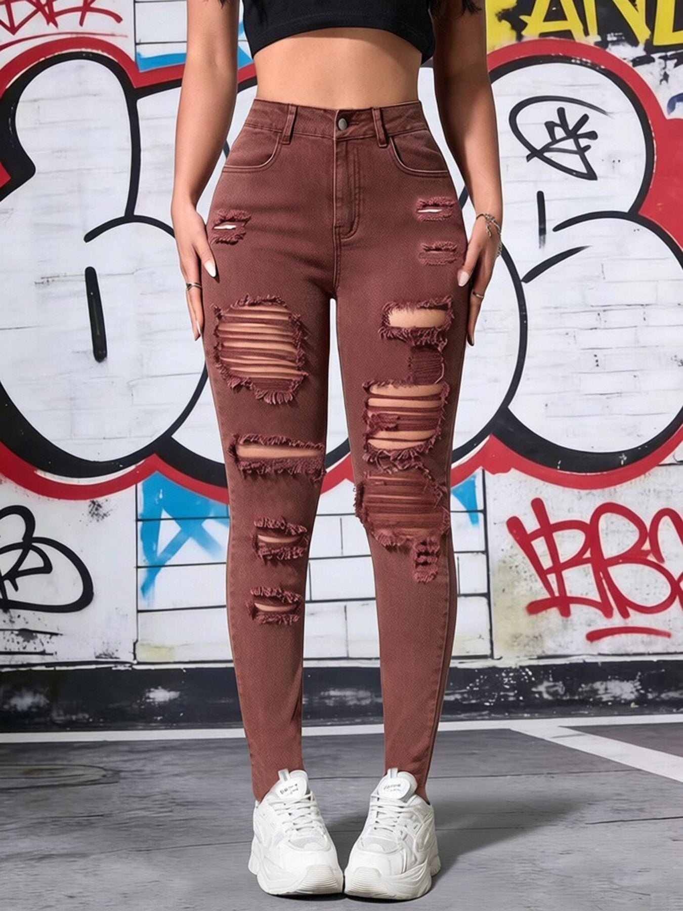 Women’s Brown Ripped Skinny Jeans – High Waist Stretch Fit
