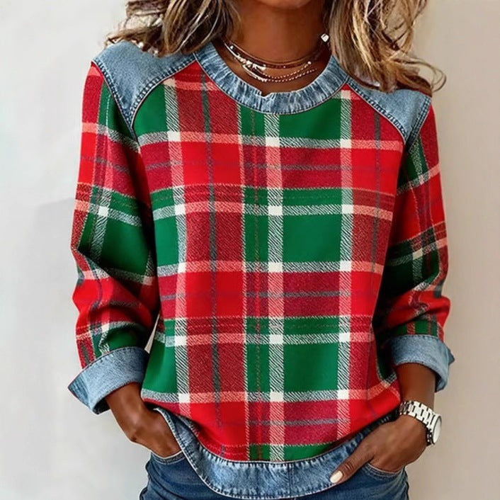 Sudadera de retazos de mezclilla para mujer - Sudadera floral con cuello redondo
