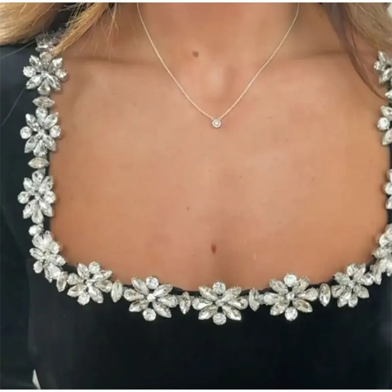 Square Neck Rhinestone Floral Dress – Elegant Long Sleeve A-Line Dress