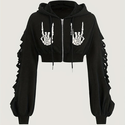 Sudadera con capucha de calavera – Sudadera extragrande rasgada estilo urbano para mujer