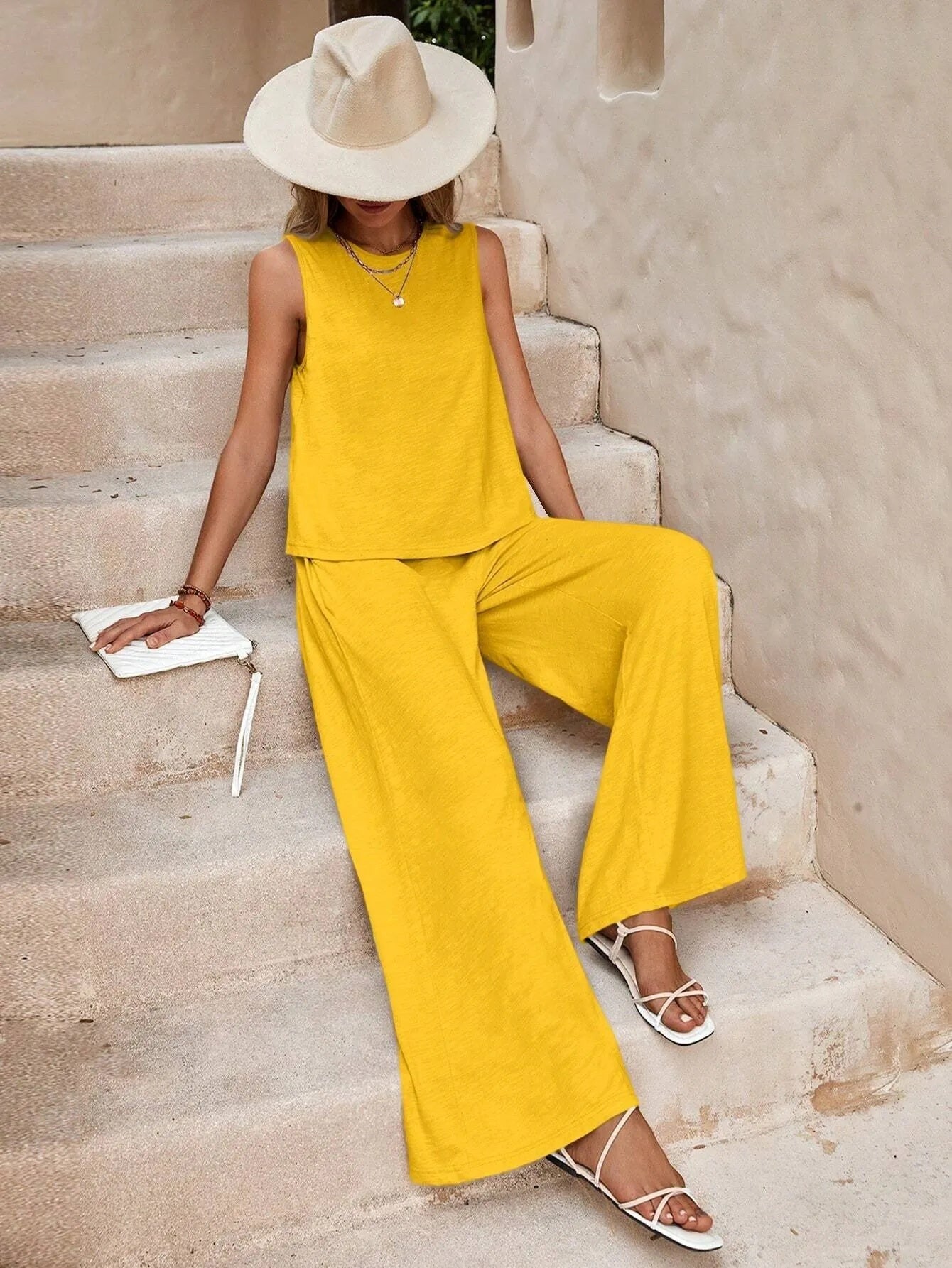Conjunto de lino de dos piezas para mujer – Top sin mangas y pantalón holgado