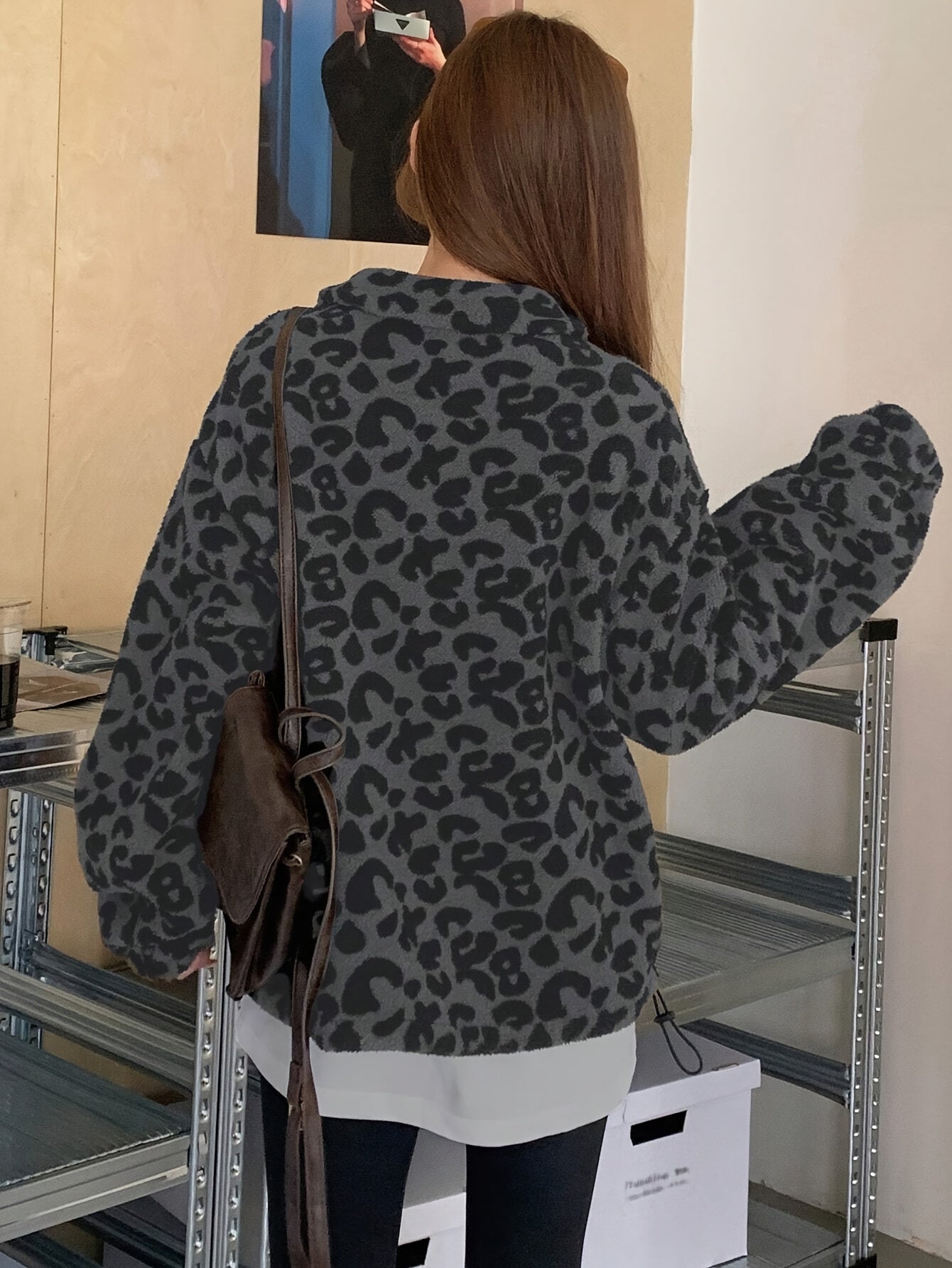 Sudadera con capucha elegante de felpa con estampado de leopardo – Chaqueta con cremallera forrada de forro polar suave