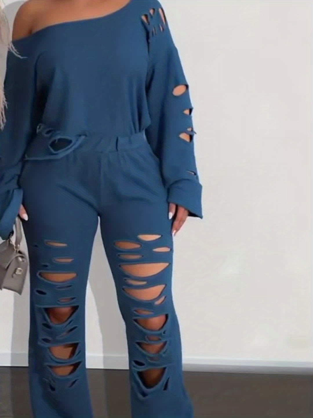 Ensemble 2 pièces femme épaules dénudées délavé – Haut manches longues et pantalon déchiré