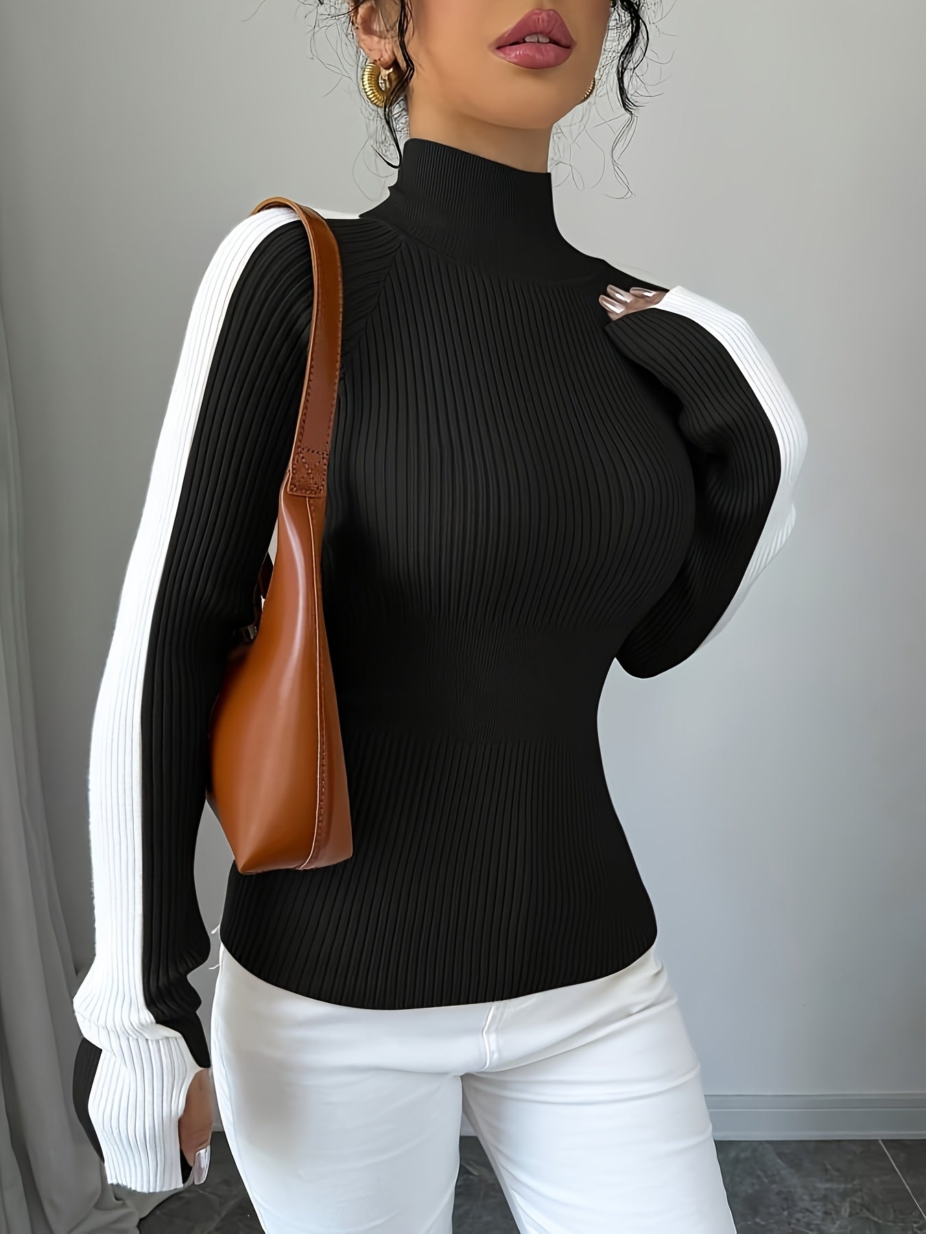 Suéter de cuello alto color block para mujer - Blusa elegante de punto suave