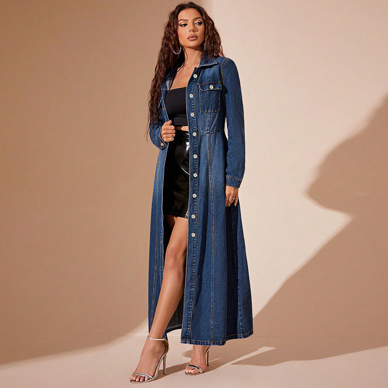 Women’s Denim Button-Front Cardigan Dress – Long Sleeve Street Fit